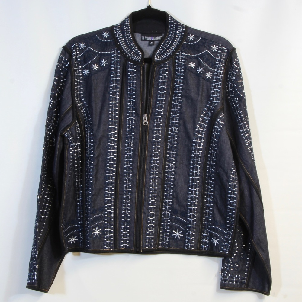 Pyramid Collection Zip-up Blue Denim Embroidered Jean Jacket Size Medium NWOT